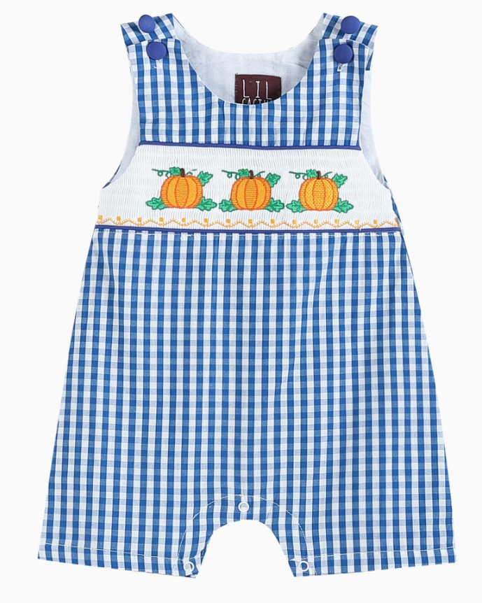 Baby Boy Blue Gingham Embroidered Pumpkin Smocked Shortalls Thanksgiving