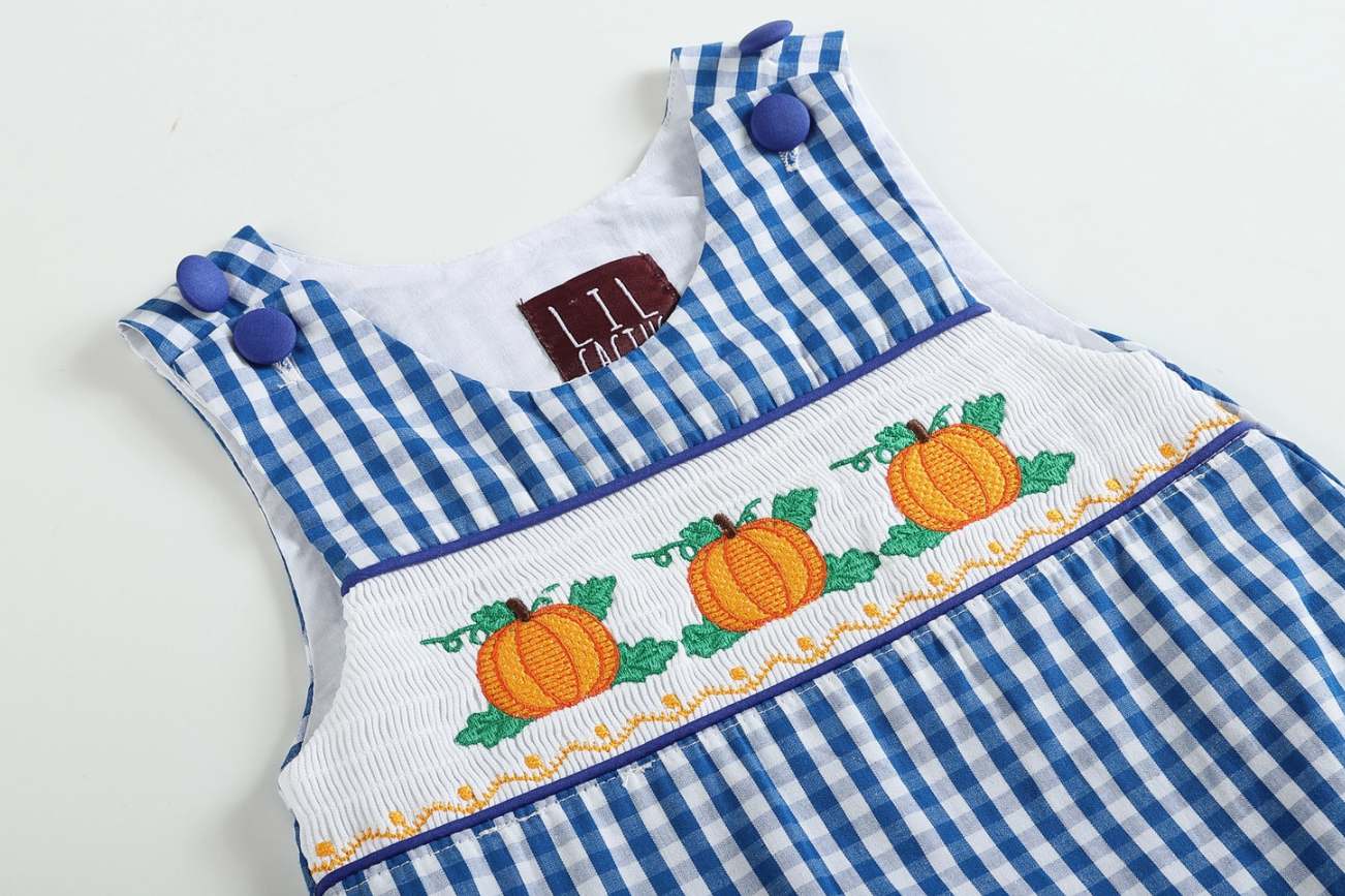 Baby Boy Blue Gingham Embroidered Pumpkin Smocked Shortalls Thanksgiving