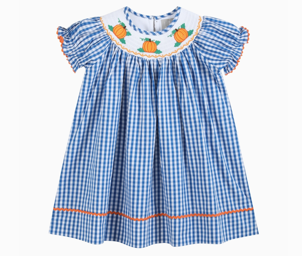 Blue Gingham Pumpkin Smocked Bishop Dress