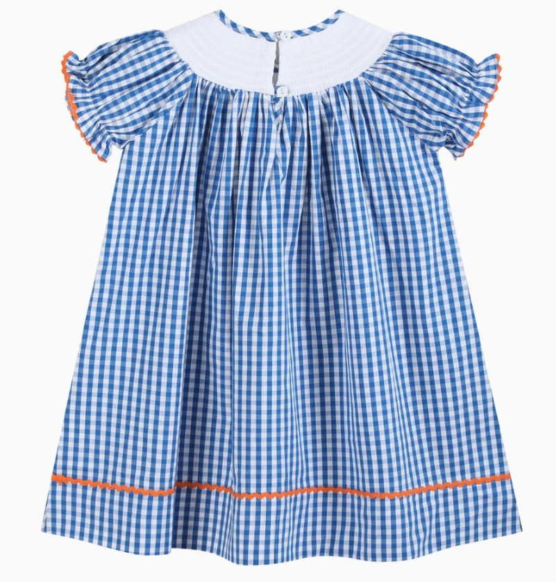 Blue Gingham Pumpkin Smocked Bishop Dress