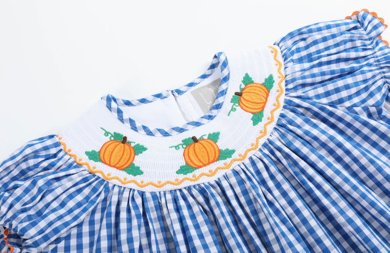 Blue Gingham Pumpkin Smocked Bishop Dress