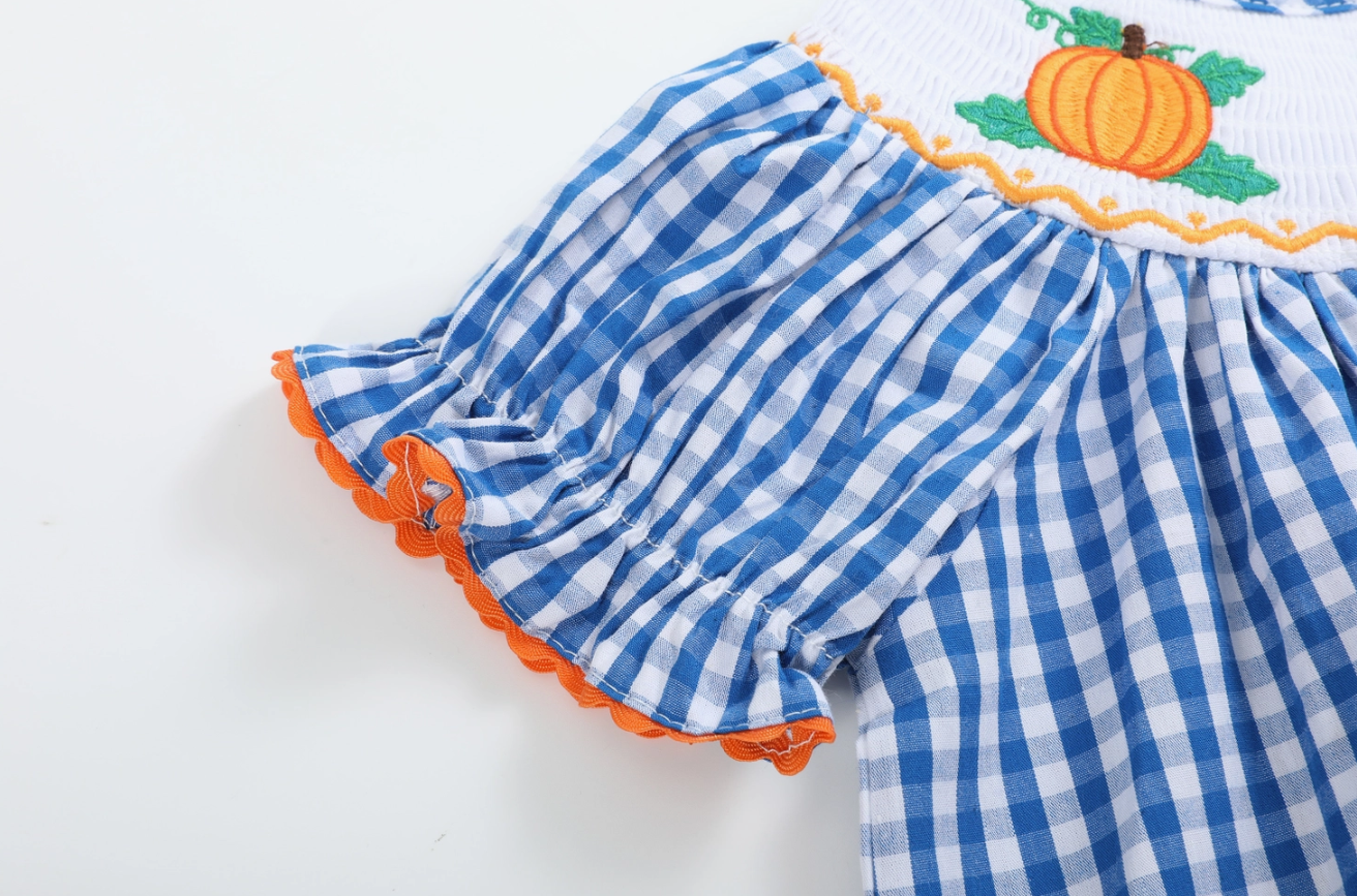 Blue Gingham Pumpkin Smocked Bishop Dress