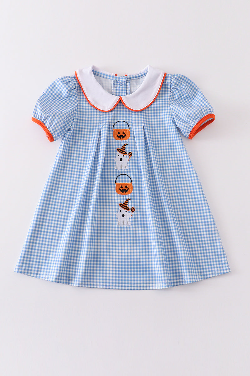 Blue Gingham Ghost Embroidery Dress