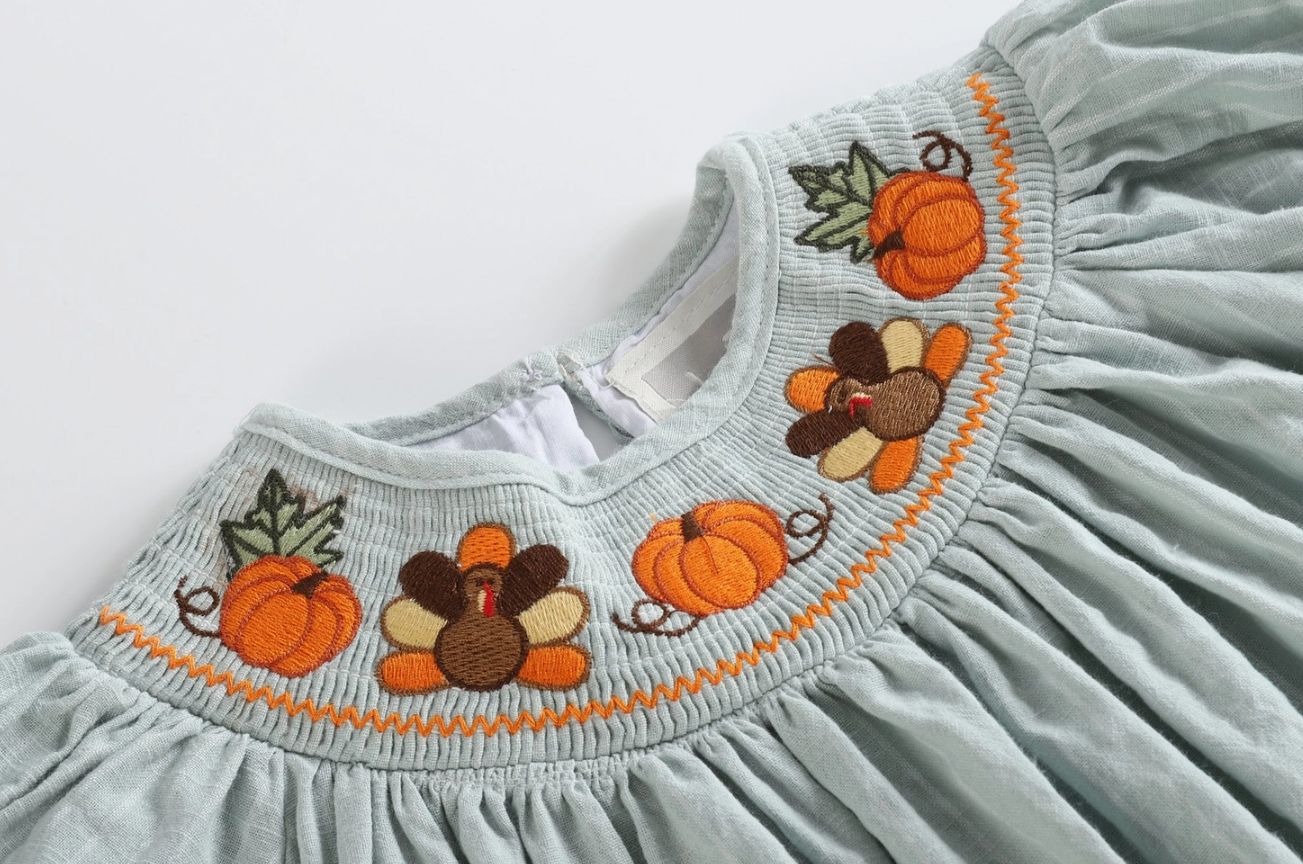 Light Blue Pinstripe Turkey Thanksgiving Smocked Bishop Dress