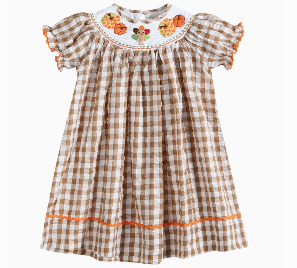 Gingham Turkey Pumpkin Smocked Dress Thanksgiving