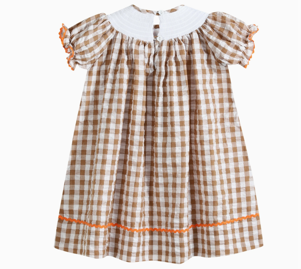 Gingham Turkey Pumpkin Smocked Dress Thanksgiving