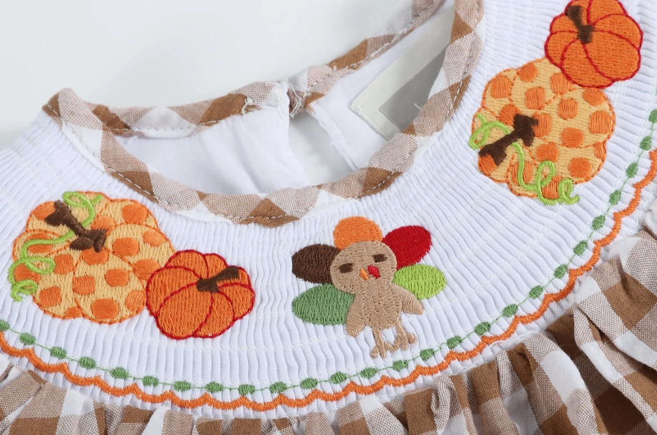 Gingham Turkey Pumpkin Smocked Dress Thanksgiving