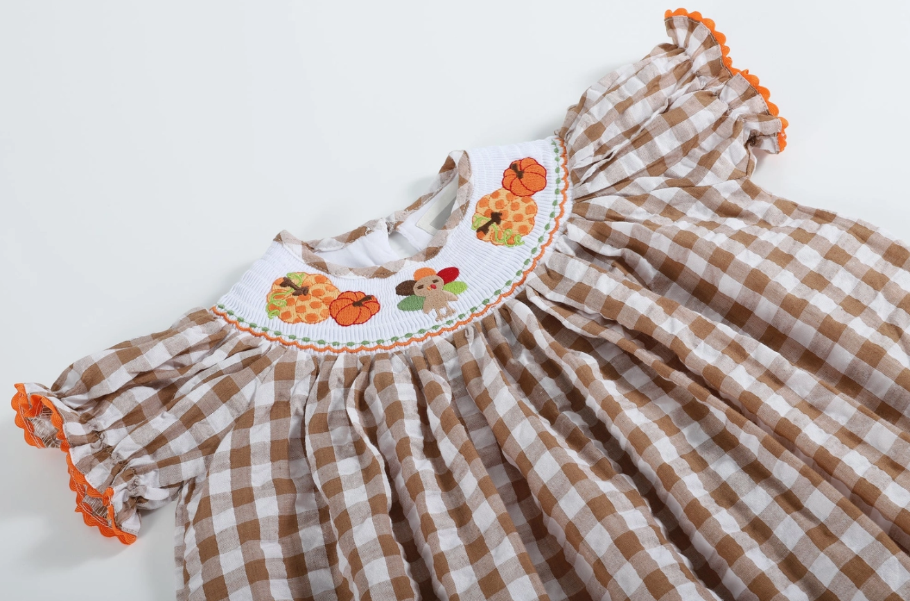 Gingham Turkey Pumpkin Smocked Dress Thanksgiving