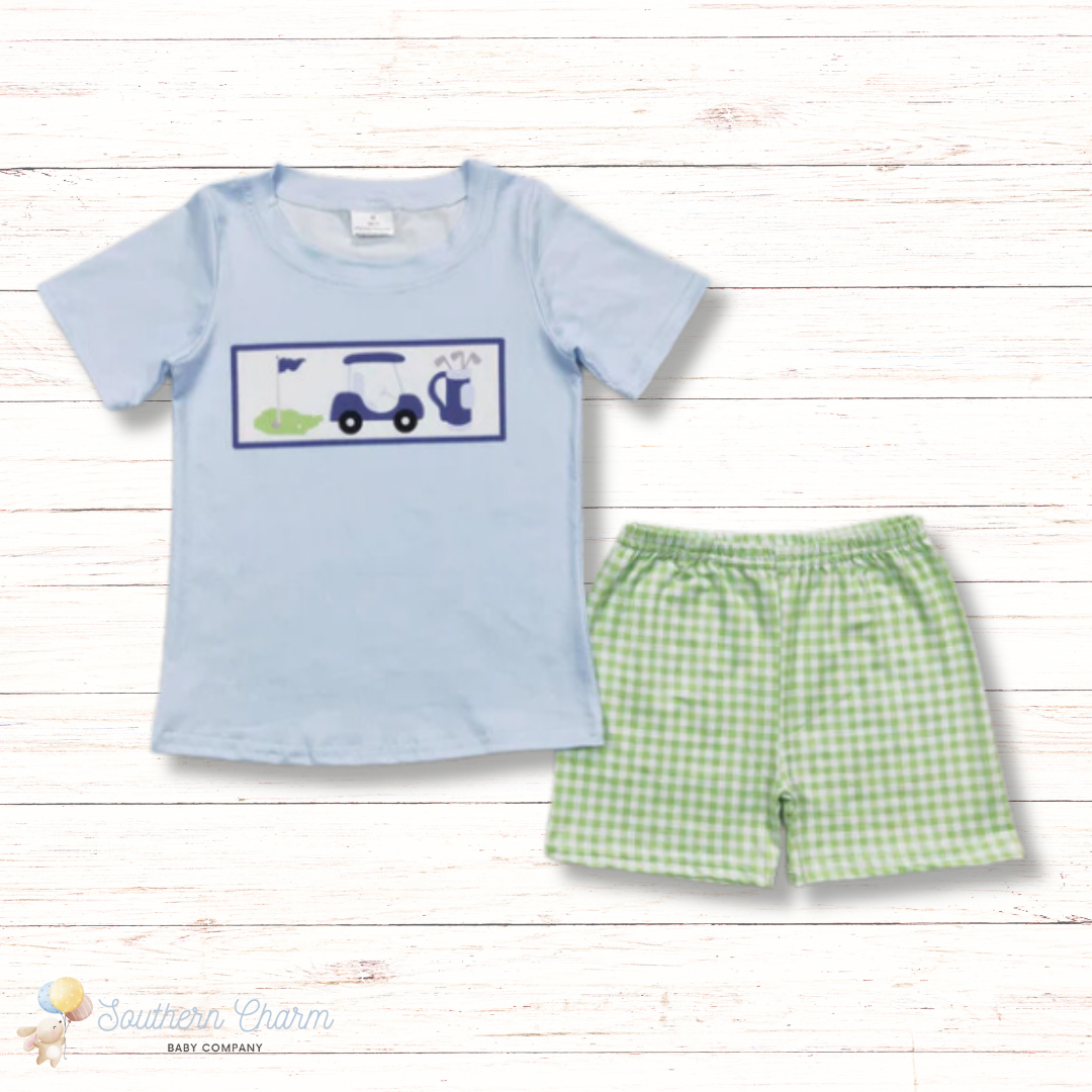 Green and Blue Gingham Golf Boys 2pc Set