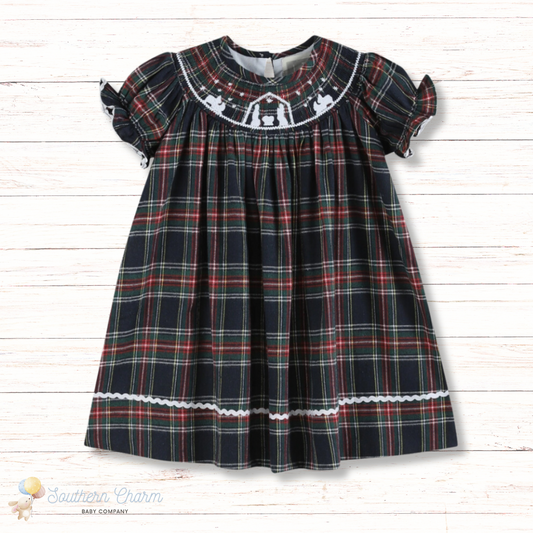 Navy Tartan Nativity Scene Smocked Dress