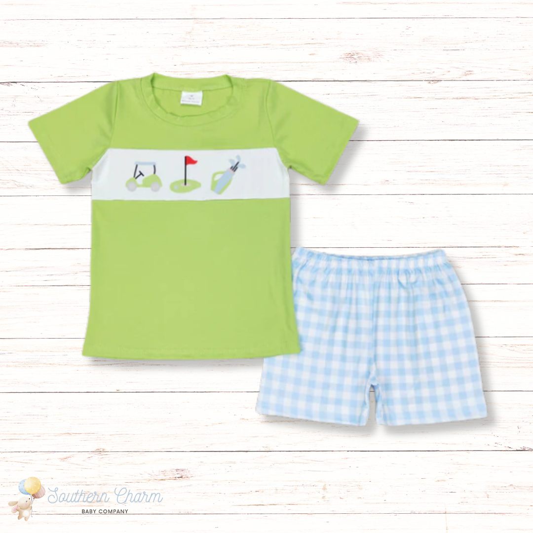 Lime Green and Blue Gingham Golf Boys 2pc Set