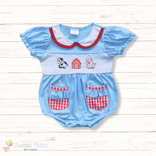 Embroidered Farm Baby Bodysuit - Red Gingham