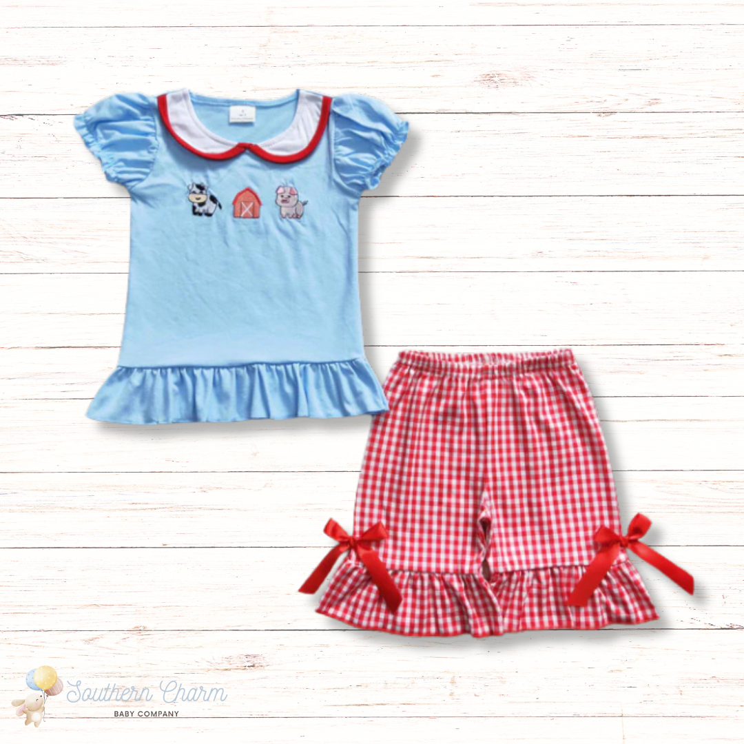 Embroidered Farm Toddler 2pc - Red Gingham