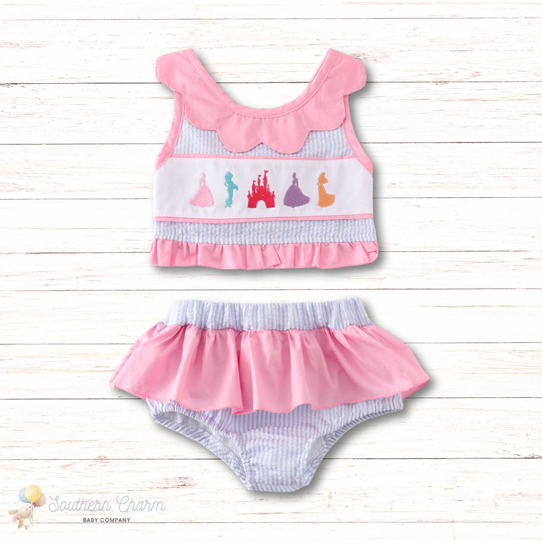 Seersucker Princess Embroidered 2pc Girls Swimsuit