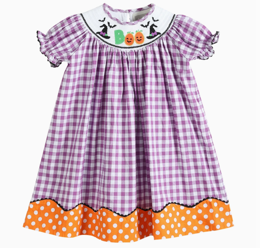 Purple Gingham Boo Halloween Smocked Dress