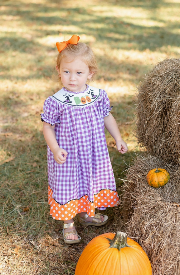 Purple Gingham Boo Halloween Smocked Dress