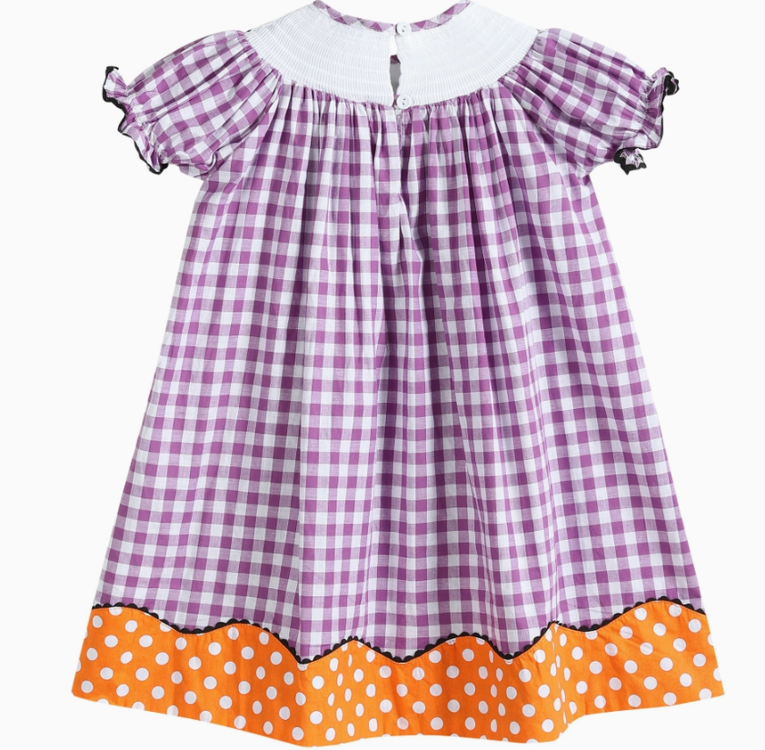 Purple Gingham Boo Halloween Smocked Dress