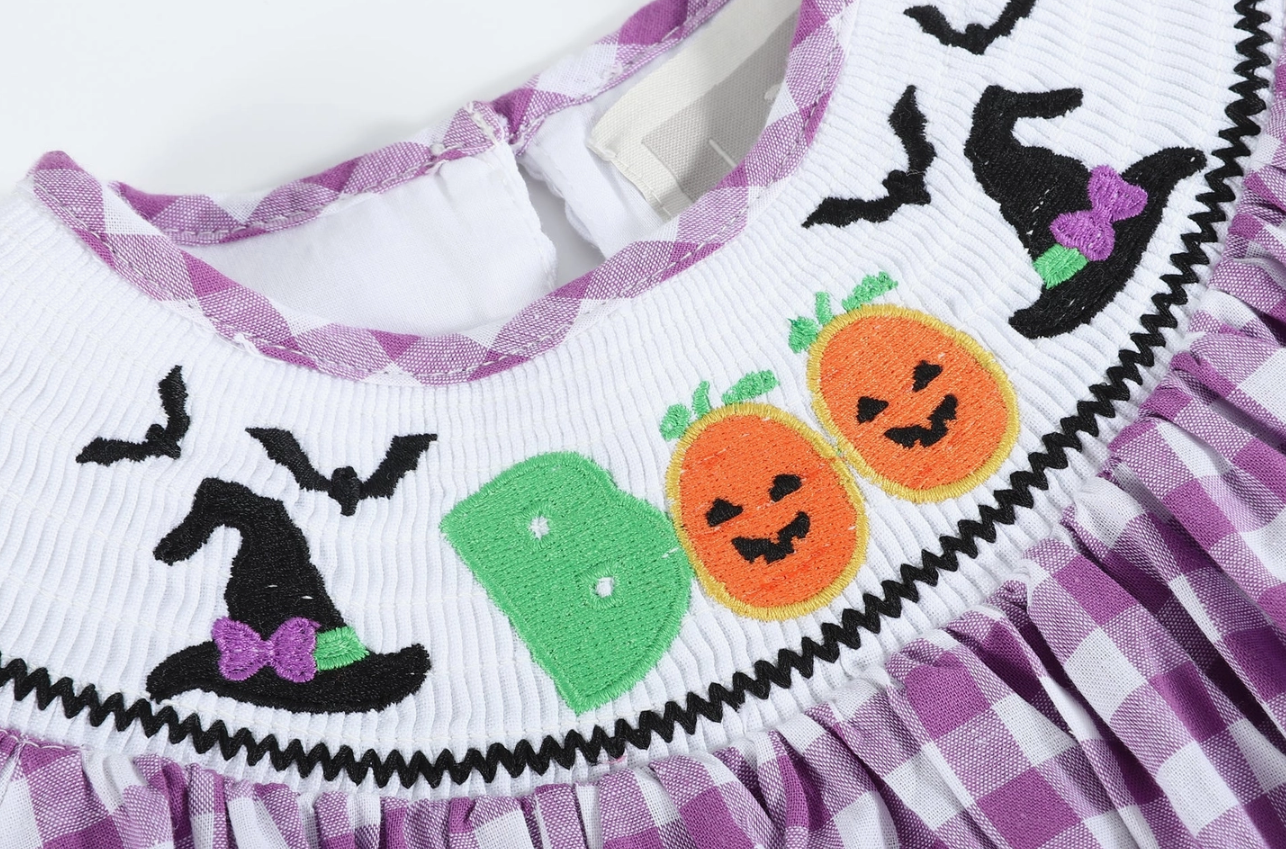 Purple Gingham Boo Halloween Smocked Dress