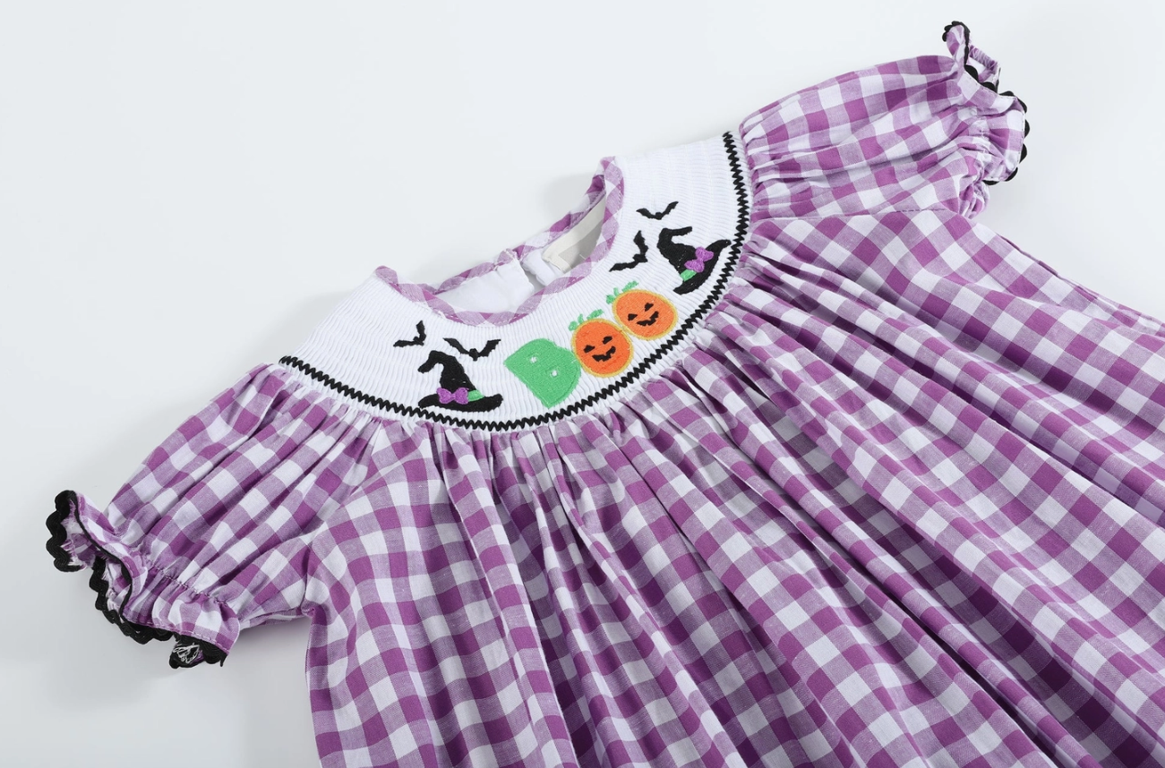 Purple Gingham Boo Halloween Smocked Dress