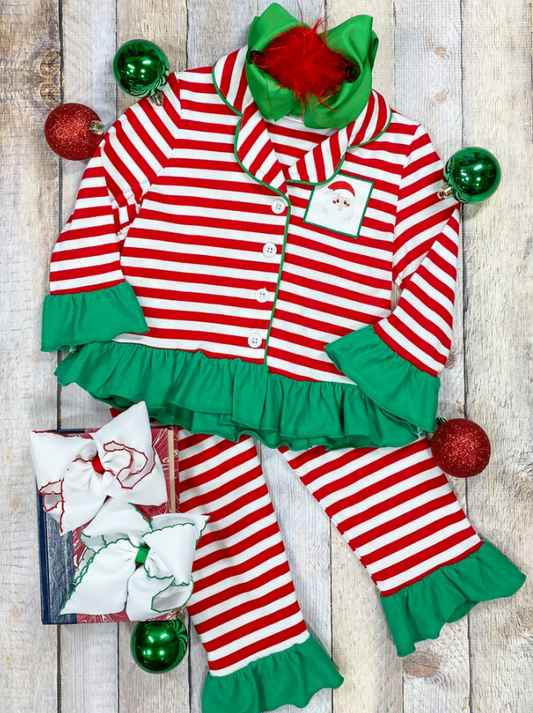 Red and White Striped Christmas Embroidered Santa Ruffle Pajama 2pc Set