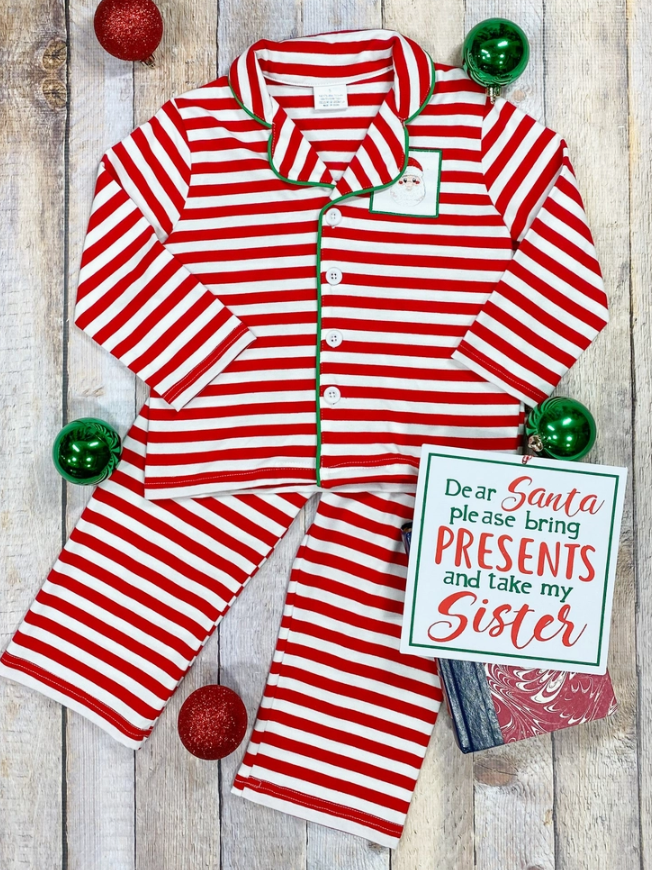 Red and White Striped Christmas Embroidered Santa Boys Pajama 2pc Set