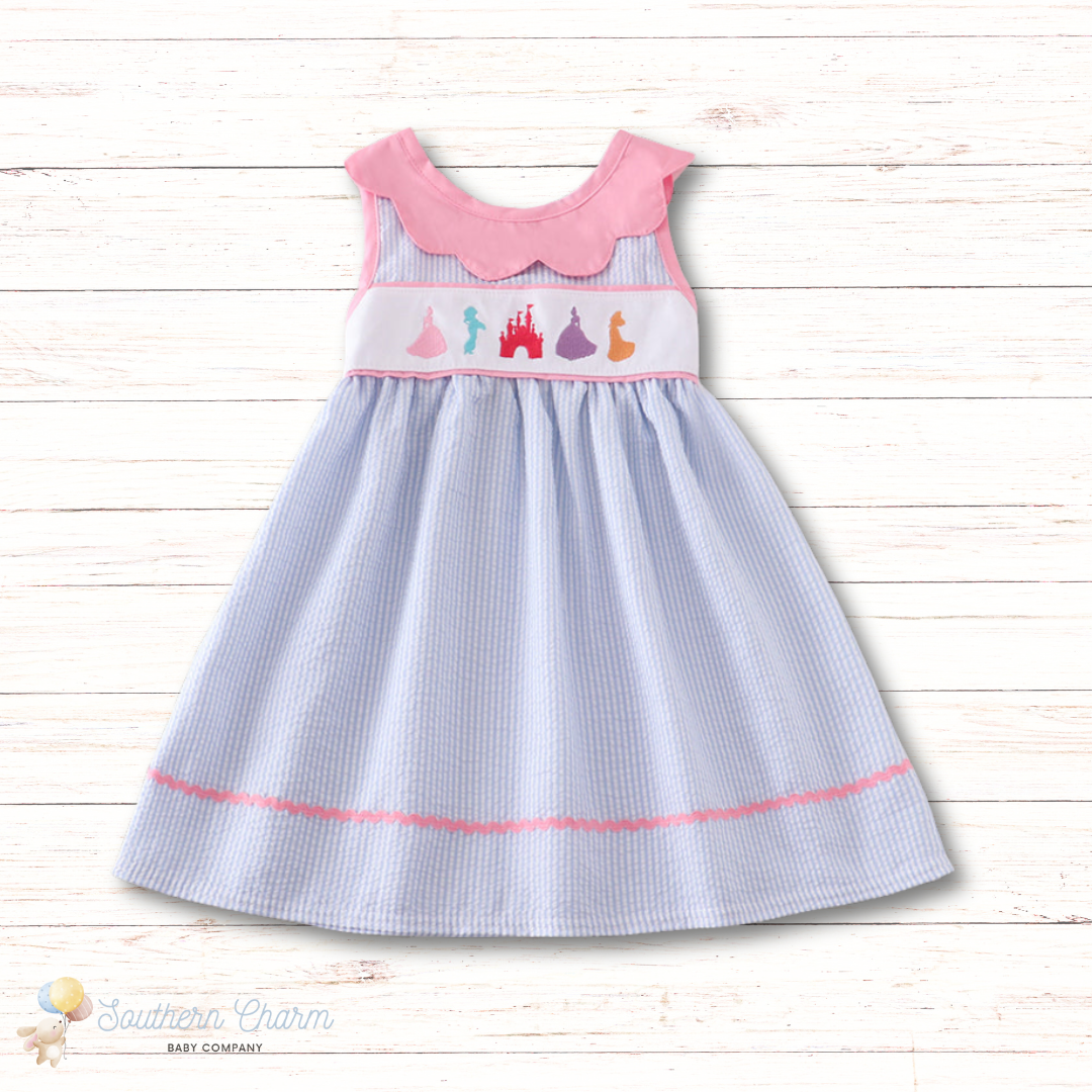 Seersucker Princess Embroidery Smocked Dress