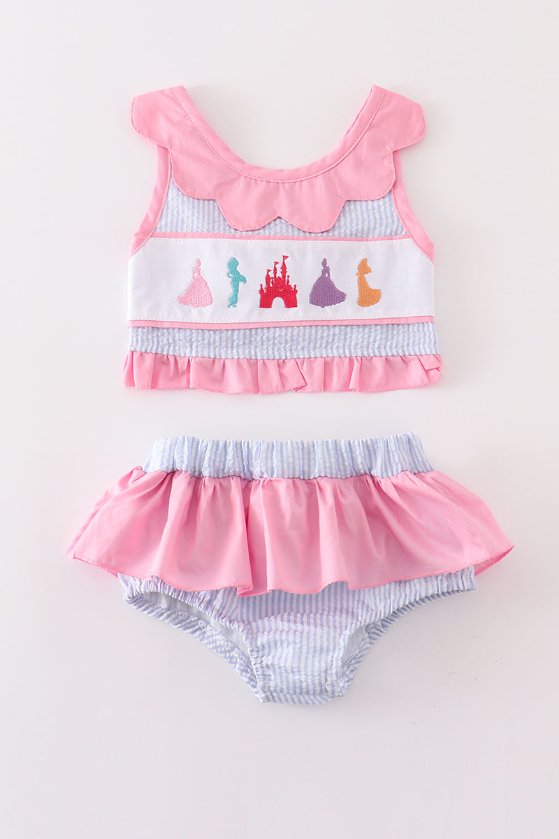 Seersucker Princess Embroidered 2pc Girls Swimsuit