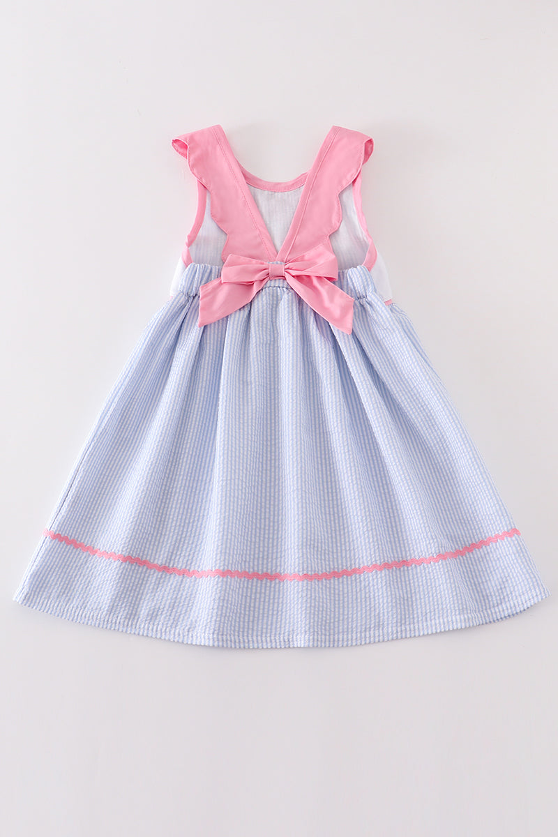 Seersucker Princess Embroidery Smocked Dress