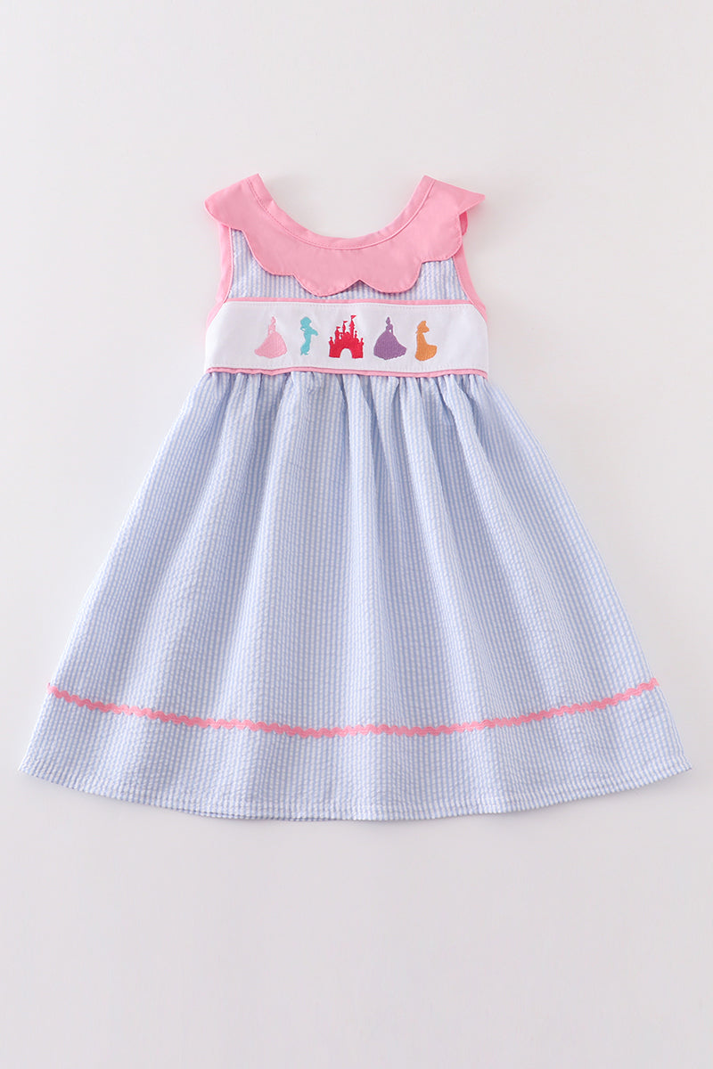 Seersucker Princess Embroidery Smocked Dress