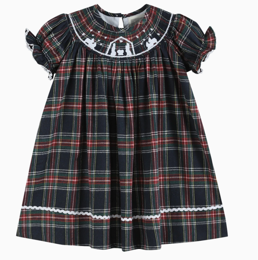 Navy Tartan Nativity Scene Smocked Dress