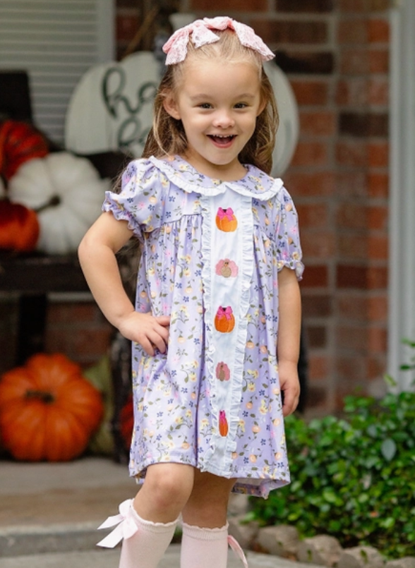 Lavender Turkey & Pumpkin Embroidered Floral Dress