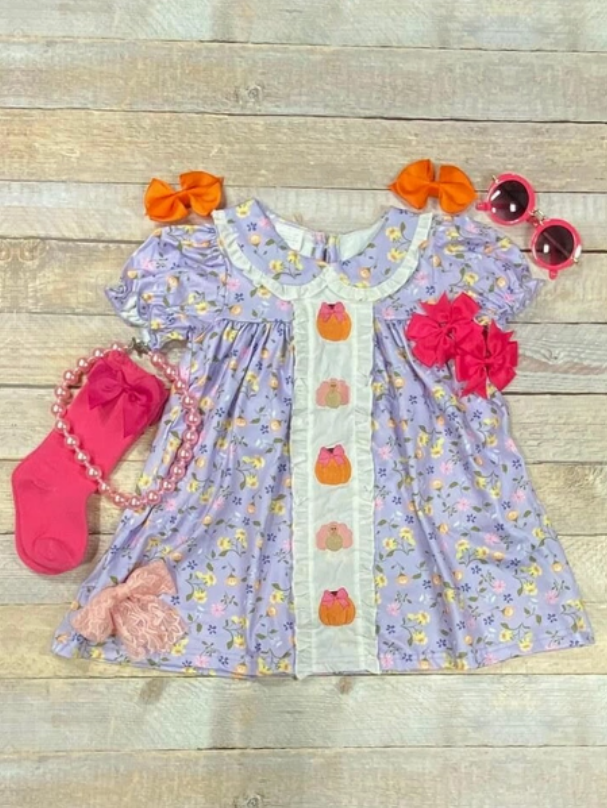 Lavender Turkey & Pumpkin Embroidered Floral Dress