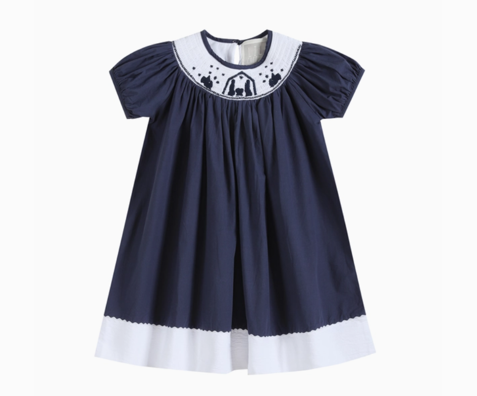 Navy Nativity Scene Smocked Dress Christmas