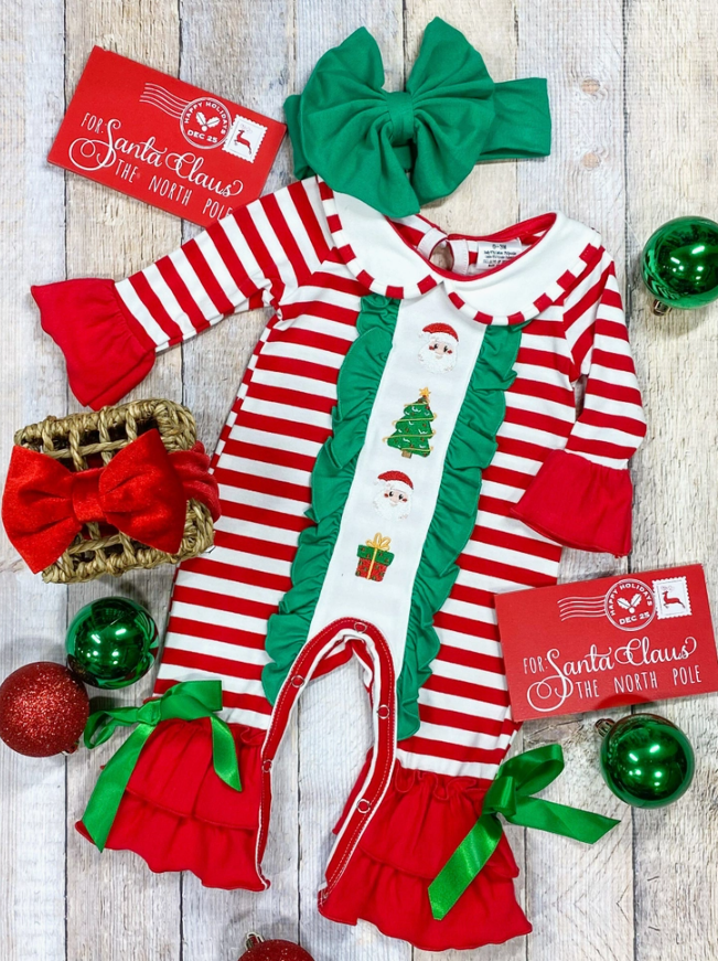 Red and White Striped Christmas Embroidered Santa Ruffle Footed Pajama