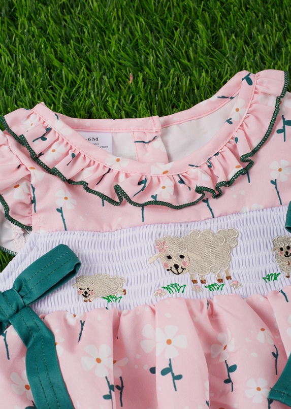 Sheep Design Embroidered Smocked Baby Romper Bubble